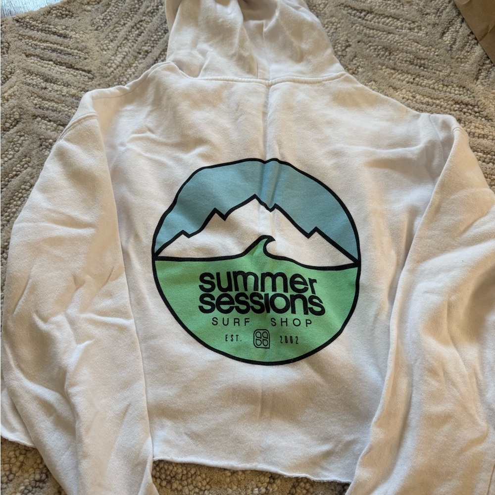 SESSIONS White Hoodie with Mountain and Wave Graphic